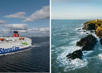 A gauche : le Stena Vision, plus récent navire de Stena Line sur la ligne Cherbourg-Rosslare A droite : Comté Wexford, Irlande