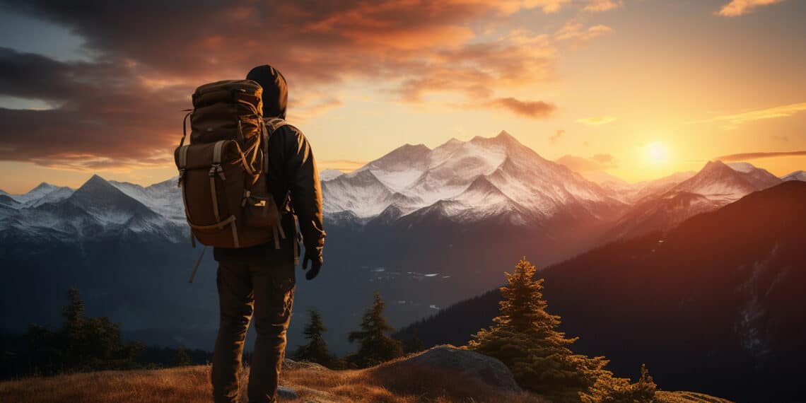 Hiker with backpack standing on the top of the mountain and looking at the sunset